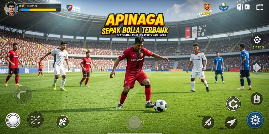 Tampilan seru gameplay APINAGA dengan aksi sepak bola.