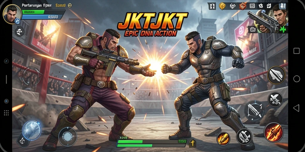 Screenshot menunjukkan aksi pertarungan seru dan karakter yang dinamis.