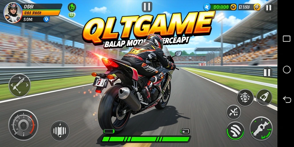 Tampilan gameplay QTGAME yang menegangkan dan seru saat balapan motor.